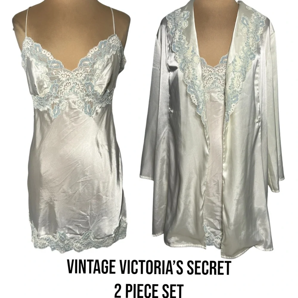 90’s Victoria’s Secret Silky Slip Dress Chemise Robe Set Bridal Set ivory blue L - Picture 1 of 11
